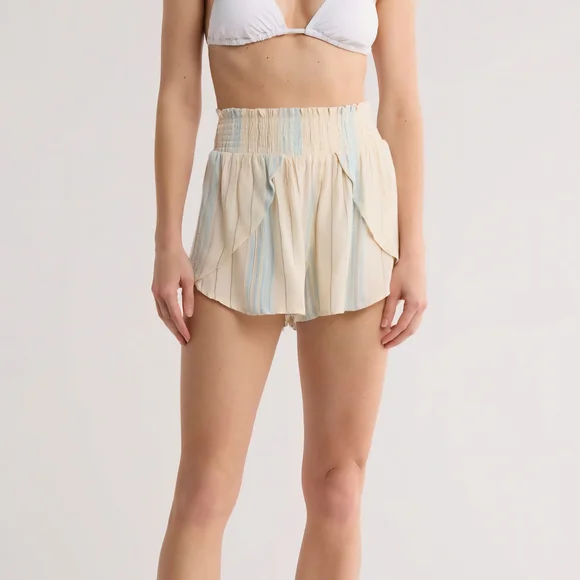 Elan Smocked High Waist Cream and Blue Striped Faux Wrap Coverup Shorts - Picture 11 of 11